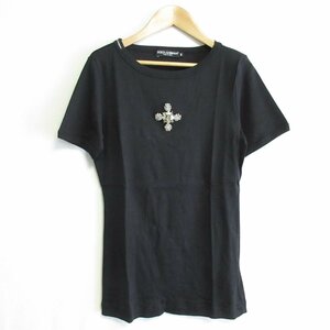 美品 DOLCE&GABBANA ドルチェ&ガッバーナ 半袖 ボートネック ビジュー装飾 Tシャツ カットソー 44 ブラック ◆