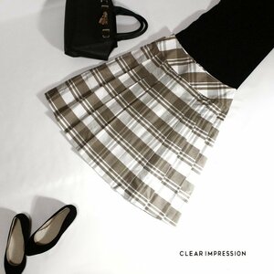 美品 クリアインプレッション CLEAR IMPRESSION ■ 春 夏 チェック柄 プリーツスカート フレアスカート 3 11号 L グレー ホワイト 白