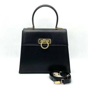 1円 美品 Salvatore Ferragamo フェラガモ ガンチーニ カーフレザー 2way ハンドバッグ ショルダー ブラック ゴールド金具