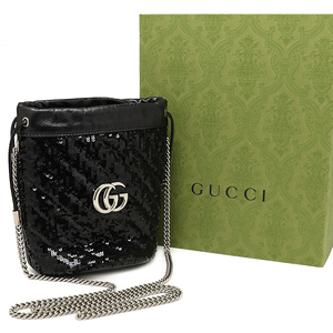 新品同様 グッチ GGマーモント ミニ バケットバッグ 575163 スパンコール ブラック チェーンショルダーバッグ GUCCI