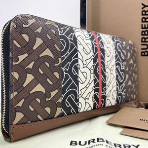 現行/付属品完備/美品 BURBERRY バーバリー 長財布 ラウンドファスナー メンズ TBロゴ モノグラム ストライプ 総柄 PVC レザー ブラウン