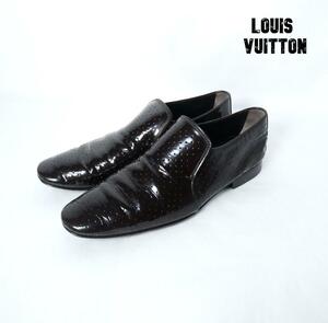 美品 Louis Vuitton ルイヴィトン サイズ6 エナメル パテントレザー ローファー ビジネスシューズ パンチング スクエアトゥ ダークブラウン