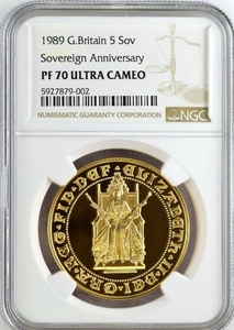 1989年 イギリス エリザベス2世 ソブリン発行500年記念 5ソブリン 5ポンド プルーフ金貨 NGC PF70 UC チューダーローズ アンティークコイン