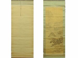 千春 日本画 山水 掛け軸 掛け軸　絹に墨彩色　骨牙軸　Japanese hanging scroll 