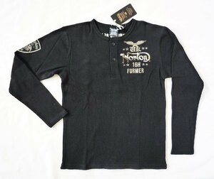 ノートン NORTON 長袖Ｔシャツ ヘンリーネック ワッフル編み 2つボタン 刺繍 XLサイズ ブラック 黒
