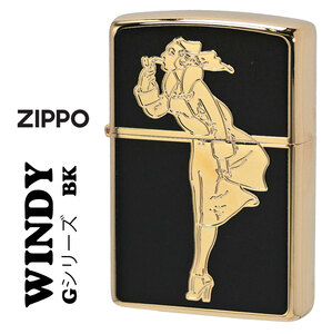 zippo(ジッポー)「WINDY」デザイン ゴールド WINDY Gシリーズ BK #200FB 金タンク 金メッキ ブラック WINDY-GBK 【ネコポス可】