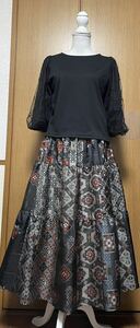 着物リメイク 村山大島のパッチワークティアードスカート　フリーサイズ