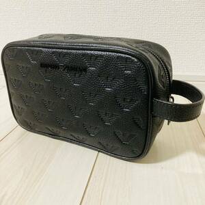 ★極美品★ EMPORIO ARMANI エンポリオアルマーニ セカンドバッグ クラッチバッグ 牛革 レザー 黒 BK ブラック エンボス加工 イーグル