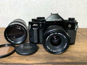 キャノン Canon A-1 フィルムカメラ New FD 28mm f/2.8 / 200mm f/4 S.S.C. レンズ シャッター鳴き無し 速度変化 露出計点灯確認　ジャンク