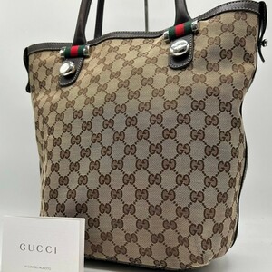 美品◆A4◎ グッチ GUCCI トートバッグ GG柄 キャンバス シェリーライン ハンドバッグ レザー 本革 ビジネス メンズ レディース ベージュ