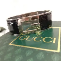 美品　Gucci　グッチ　Gロゴ　メタル　レザー　バングル　シルバー　ブラック