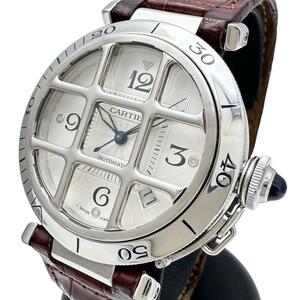 CARTIER/カルティエ パシャグリッド W31059H3 腕時計 ステンレススチール/レザー 自動巻き/オートマ ホワイト文字盤/ブラウン革 メンズ