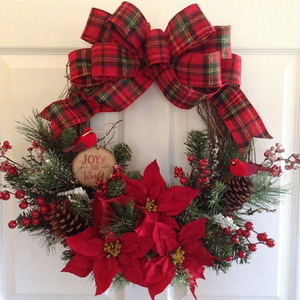 クリスマスリース　35cm×35cm 赤リボン Xmas リース 造花 花輪 アートフラワー クリスマス 玄関 丸 輪っか ドア 飾り 装飾 