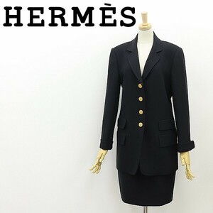 ヴィンテージ◆HERMES エルメス シルク混 金釦 ジャケット＆スカート スーツ セットアップ 紺 ネイビー 38