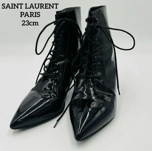 極美品サンローランパリ SAINT LAURENT PARIS アンクルブーツ ショートブーツ ポインテッドトゥ パテントレザー 靴 黒 ブラック 23cm 35.5