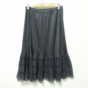 美品 Pleats Please Issey Miyake プリーツプリーズイッセイミヤケ ひざ下丈 裾レース イージー プリーツスカート 3 ブラック 033 ◆