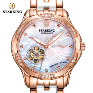 Starking 34ミリメートル腕時計自動ローズゴールドスチールケース流行ドレス腕時計スケルトン透明時計の女性機械式腕時計