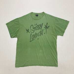 ●00s 初期 STUSSY ステューシー Tシャツ トップス 半袖 フロントデザイン プリント 斜タグ バイアスタグ グリーン系 メンズXL 0.25kg●