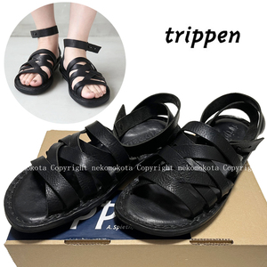 美品 トリッペン nepal black アンクル ストラップ メッシュ レザー サンダル 黒 38 ネパール レディース trippen