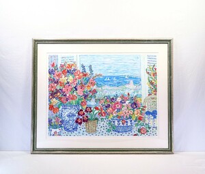 真作 レスリー・セイヤー 大判リトグラフ「ラ・バレンシア」画寸87×65cm 米女流作家 花の画家 心の赴くまま花の色を形を描く窓辺風景 8724
