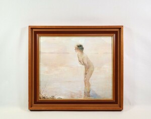 ポール・シャバ 複製「九月の朝」画寸 F10 仏人作家 若い女性が恥じらう姿勢で浅瀬の水面に立つ様子 様々な論争を巻き起こした問題作 7272