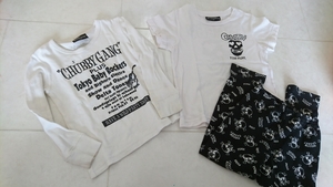 3点セット★チャビーギャングホワイト半袖長袖Tシャツ100リボンキャスケットレギンスパンツスパッツ100スカルドクロ