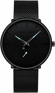 １円スタート！送料無料！Hannah Martinメンズ腕時計 ブラック 超薄型 腕時計 メンズ ファッション 防水 ドレス ステンレススチールバンド