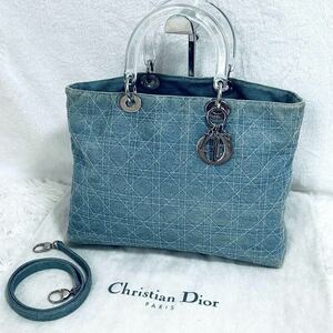 1円 美品 クリスチャンディオール Christian Dior レディディオール ladyDior 2way ハンドバッグ ショルダーバッグ デニム クリアハンドル