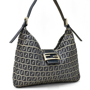 1円 ◎美品 FENDI フェンディ ハンドバッグ セミショルダー ズッキーノ キャンバス レザー ネイビー グレー◎K.Clig.oT-27