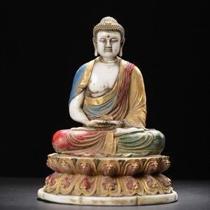 旧藏 中国 明代 漢白玉彫 漢白玉色絵釈迦牟尼坐像です 仏像 仏教古美術 供養品 細工彫刻 時代物 置物 中国古美術 TWB142