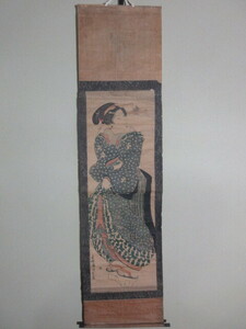 (真作)江戸期 浮世絵版画【歌川国貞 香蝶楼国貞画 縦版画 和装美人図】軸装 大和絵 錦絵 掛軸 歌川豊国門人