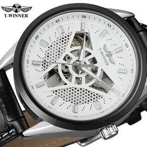 勝者スポーツスタイルメンズ腕時計メカニカルホワイトホロートライアングルダーツスケルトン本革ブレスレット自動腕時計