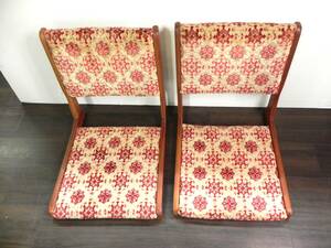 [R469]◇昭和レトロ◆折畳み座椅子 2客セット 木製 金華山 紋章柄 当時物 和座椅子