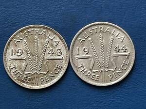 ☆【1943/44年オーストラリア3ペンス銀貨各1枚：美品、ジョージ6世、カタログ値（1.41ｇ、silver925）】銀貨　M339☆