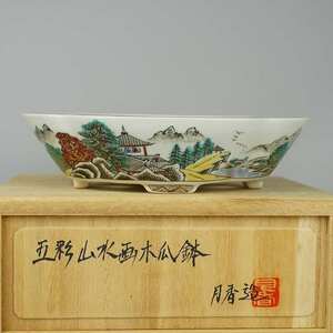 月香 箱付 五彩 山水画 木瓜鉢 観賞用 盆栽鉢 現品 新品