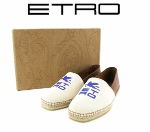 9万新品◆44=29cm【ETRO】エトロ レザー＆ロゴプリントファブリックエスパドリーユ1円