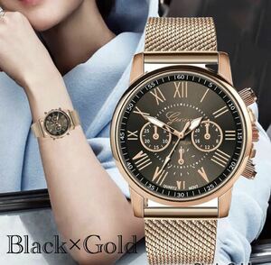 腕時計　時計 ギリシャ文字　ステンレス メッシュ アナログ メンズ クォーツ 男女兼用　ゴールド　オシャレ ウォッチ　ブラック　2
