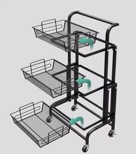 キッチンワゴン キッチン キャスター付き 3段 カゴ独立 角度調整 リビング ブラック
