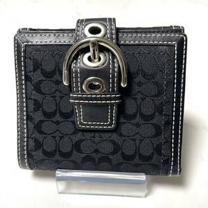 コーチ COACH 黒シグネチャー二つ折り財布ブラック超美品ほぼ未使用ホック キャンバス レザー