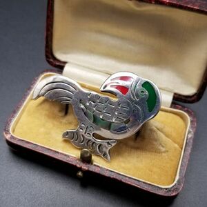 メキシコ 925 シルバー 鮮やかなオウム ヴィンテージ ブローチ アワビ貝 インレイ エナメル装飾 存在感 MEXICO Parrot Y10-W