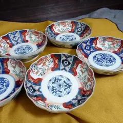富長貴春    膾皿  なます   5枚      錦絵 金彩  古美術