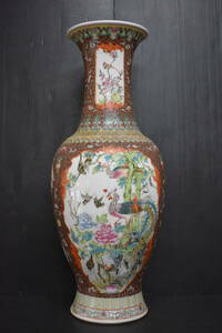 うぶ品　中国古玩　唐物　大清乾隆年製　彩色花鳥図花瓶　花器　壺　古美術品