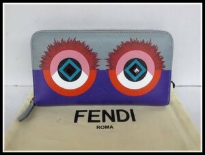 A265T【本物保証】 フェンディ FENDI モンスタークレヨンズ ラウンドファスナー長財布 グレー×パープルー系 フェイス 未使用品