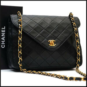 1円 CHANEL シャネル マトラッセ フラップ ターン ロック チェーン ショルダー バッグ ラムスキン レザー ゴールド 金具 ブラック 黒