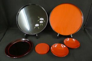 U197 新品未使用 天然木製漆器 輪島塗 お盆 菓子皿 敷板 杯 6点まとめて 茶器 酒器 和食器 茶道具 伝統工芸/100