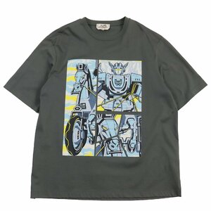 極美品●HERMES エルメス 2022年製 Mega Chariot プリント入り クルーネック 半袖Ｔシャツ カーキ M イタリア製 正規品 メンズ