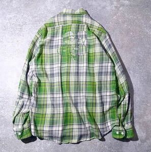 LRG エルアールジー バック ロゴ刺 チェックシャツ ワーク ストリート ネルシャツ メンズ (M) グリーン系 ●o-212