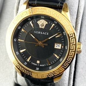【1円〜】VERSACE ヴェルサーチ 腕時計 メンズ 1Pダイヤ IAQ 999本限定 ブラック文字盤 ゴールド ラウンドフェイス デイト 可動品
