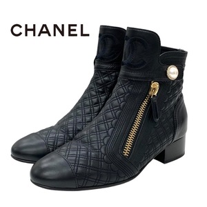 シャネル CHANEL ブーツ ショートブーツ 靴 シューズ ココマーク パール キルティング レザー ブラック 黒