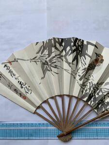 扇子 日本画 肉筆 米舟　扇面 竹に雀　模写水墨画花鳥画手描き